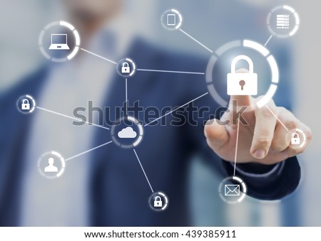 Cybersecurity of network of connected devices and personal data security, concept on virtual interface with consultant in background