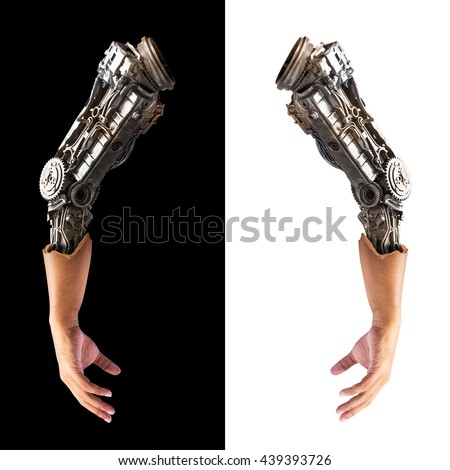 Metallic robot arm internal human hand isolated on black and white background for concept of the future technology