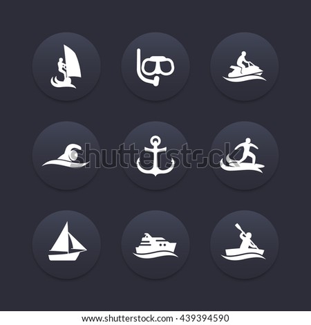water sports icons, diving, swimming, rowing, surfing, dark icons set, vector illustration