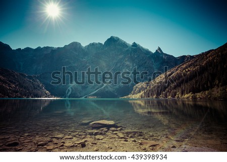 Landscape of mountain lake Morskie Oko near Zakopane, Tatra Mountains, Poland