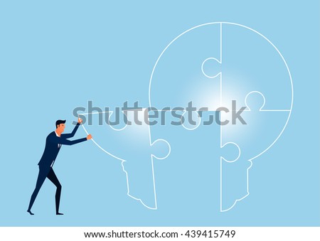 Businessman connect light bulb idea puzzle. Completing light bulb idea. Cartoon Vector Illustration.