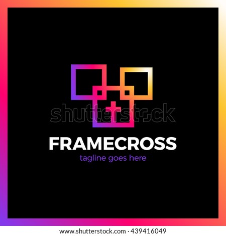 Frame Cross Church Logo. Christian Box Square Logotype. Rainbow gradient