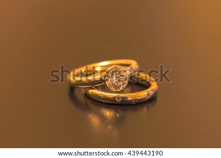 Diamond engagement ring and wedding band before the ceremony