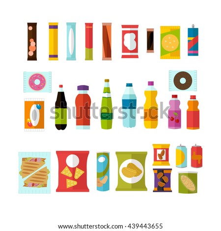Vending machine product items set. Vector illustration in vector style. Food and drinks design elements and icons isolated on white background. Royalty-Free Stock Photo #439443655