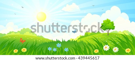 Vector cartoon illustration of a beautiful summer sunny meadow panorama