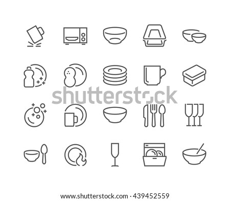 Simple Set of Dish and Plates Related Vector Line Icons. 
Contains such Icons as Plate Stack, Wineglass, Detergent, Unbreakable Dishes and more Royalty-Free Stock Photo #439452559