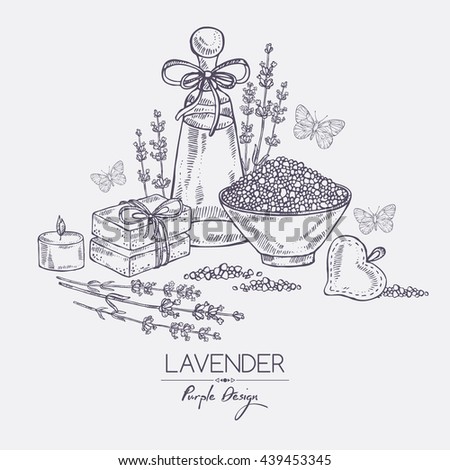 Background with lavender, bath salt, perfume,  soap and butterfly. hand drawn