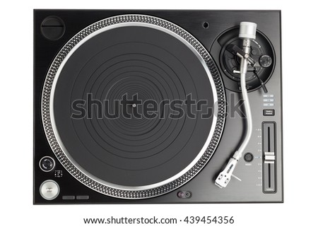professional dj turntable isolated on white, top view Royalty-Free Stock Photo #439454356