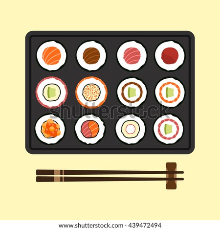 Set of sushi rolls japanese cuisine flat design vector illustration