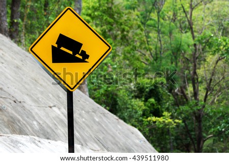 Steep Hill Descent Use Low Gear Traffic Sign on the Road in Mountain of  Thailand