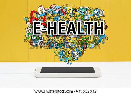 E-Health concept with smartphone on yellow wooden background