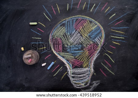 Graphic representation with chalk on the blackboard of the concept of multi-colored idea