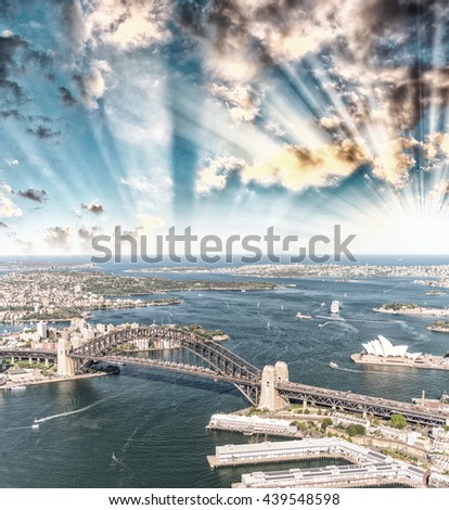 Sunset over Sydney Harbour, helicopter view.