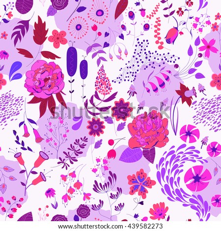 Vector flower pattern. Colorful seamless botanic texture, detailed flowers illustrations. Doodle style, spring floral background.
