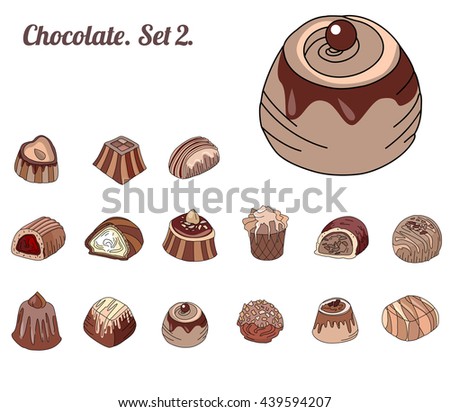 Set with different chocolate candies isolated on white. Milk,dark,white chocolate. For your design, announcements, cards, posters, restaurant menu.