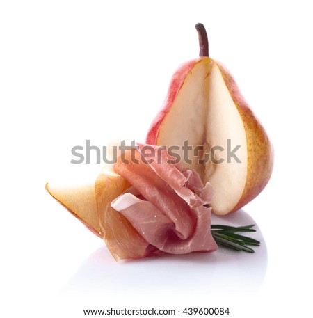  Spanish jamon with pear and rosemary isolated on white background