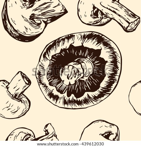 Hand Drawn Mushroom Champignon Pattern Background. Vector Illustration. Beige colour