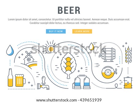 Flat line illustration of beer making, wheat cultivation and sale of alcoholic beverages. Concept for web banners and printed materials. Template with buttons for website banner and landing page.