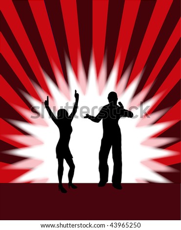 A vector illustration of dancers in silhouette against a red background with center white starburst saved in EPS 10 format