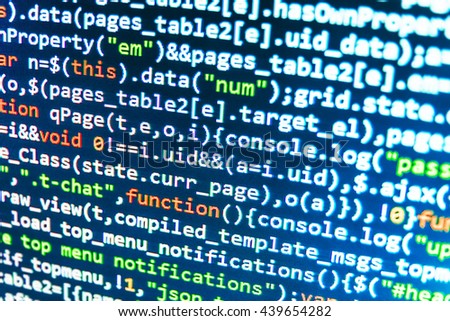 Technology background. Software development. Website development. Programmer workplace. Computer script.  Source code photo. Developer working on websites codes in office. 
