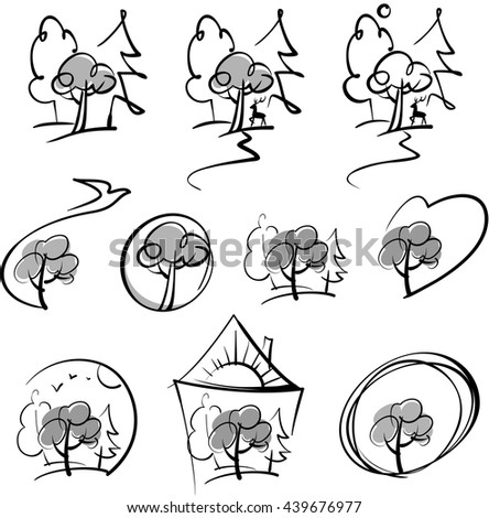 a stylized image of the forest and nature, black and white versions