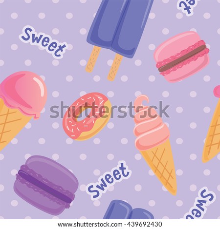 Seamless pattern with macaroon cookies, ice cream and popsicle on polka-dots background. Vector illustration.