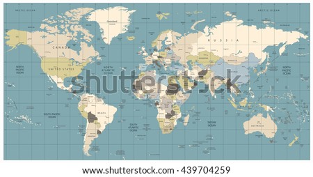 World Map old colors illustration: countries, cities, water objects. All elements are separated in editable layers clearly labeled.