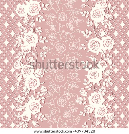 Seamless lace pattern with roses and leaves. Vector pink floral background or vertical border.