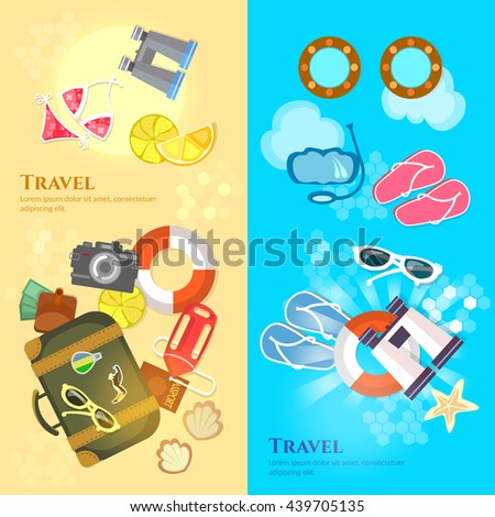 Travel banners sea beach summer holiday travel suitcase passport flip flops vector illustration 