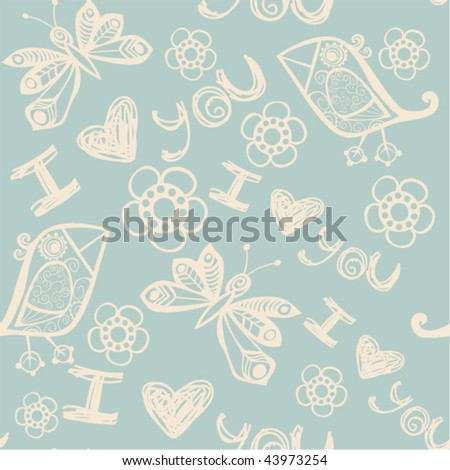 'I love you' seamless pattern with stylized bird, butterfly and flower