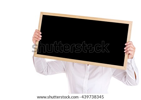 Portrait of Asian woman show the black board isolated isolated on white background