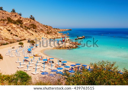Beautiful landscape near of Nissi beach and Cavo Greco in Ayia Napa, Cyprus island, Mediterranean Sea. Amazing blue green sea and sunny day. Royalty-Free Stock Photo #439763515
