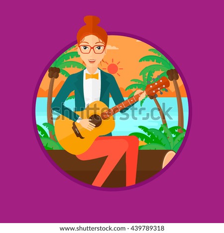 Musician sitting on log and playing an acoustic guitar. Woman practicing in playing guitar. Guitarist playing on the beach. Vector flat design illustration in the circle isolated on background.
