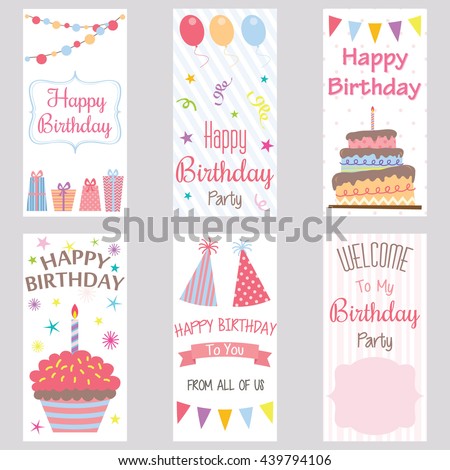 Happy Birthday Invitation Card.Birthday Greeting Card.Welcome Birthday Party,Banner,Party Hat,Frame,Birthday Cake,Cup Cake,Balloons,Vector illustration