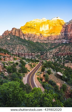 scenic view of road and valley in Zion National park,Utah,usa.