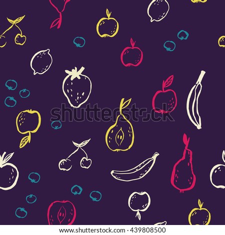 Hand drawn tasty Fruits seamless pattern. Vector abstract texture with apple, banana, berries, pear, lemon and cherry. Healthy food background