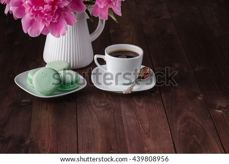 Cup coffee and flowers peonies