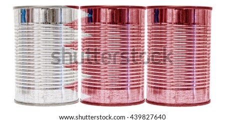 Three tin cans with the flag of Bahrain on them isolated on a white background.