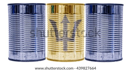 Three tin cans with the flag of Barbados on them isolated on a white background.