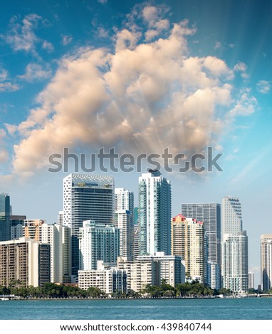 Sunset over Miami, Florida. Beautiful skyline and skyscrapers.
