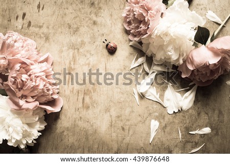 Peonies on a wooden background/toned photo