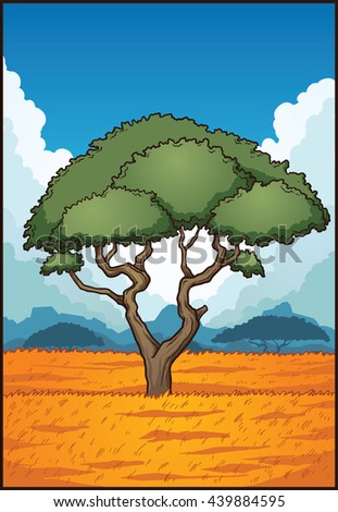 Cartoon savanna landscape. Vector clip art illustration with simple gradients. Some elements on separate layer. 