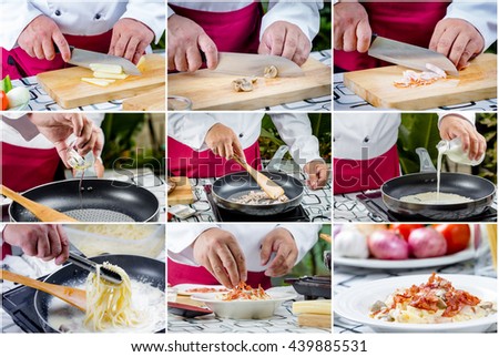 collage picture of chef making spaghetti  carbonara with bacon