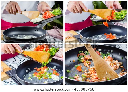 Collage picture of chef making  stir fried onion, tomato, green bell pepper and chicken on frying pan