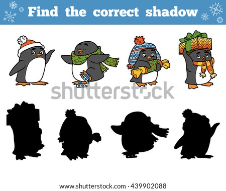 Find the correct shadow, education game for children. Set of penguins with Christmas gifts