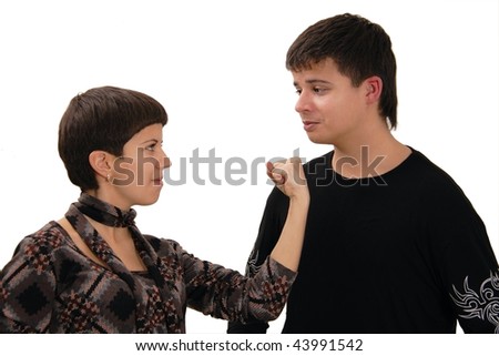 Two young people wrestle isolated on white. Brother and sister.