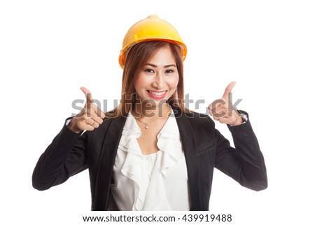 Asian engineer woman thumbs up with both hands  isolated on white background