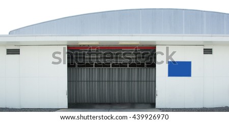 store or small warehouse front building has label on the door have ventilator and lamp, the store has empty on white background
