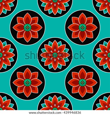 Seamless Lotus flower pattern. Buddhist Temple traditional ornament. Oriental pattern. Buddhism theme. Abstract colorful Background. Vector illustration. Royalty-Free Stock Photo #439946836