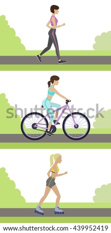 Set of outdoor workouts. Jogging, roller skating, cycling in the park. Physical training for losing weight, reduction in fat mass. Vector.